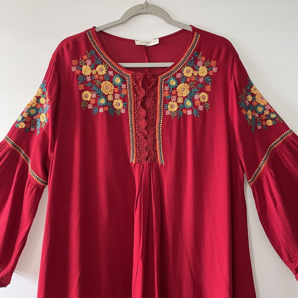 Umgee Boho Embroidered Red Bell Sleeve Tunic Shift Dress Size XL - Picture 3 of 11